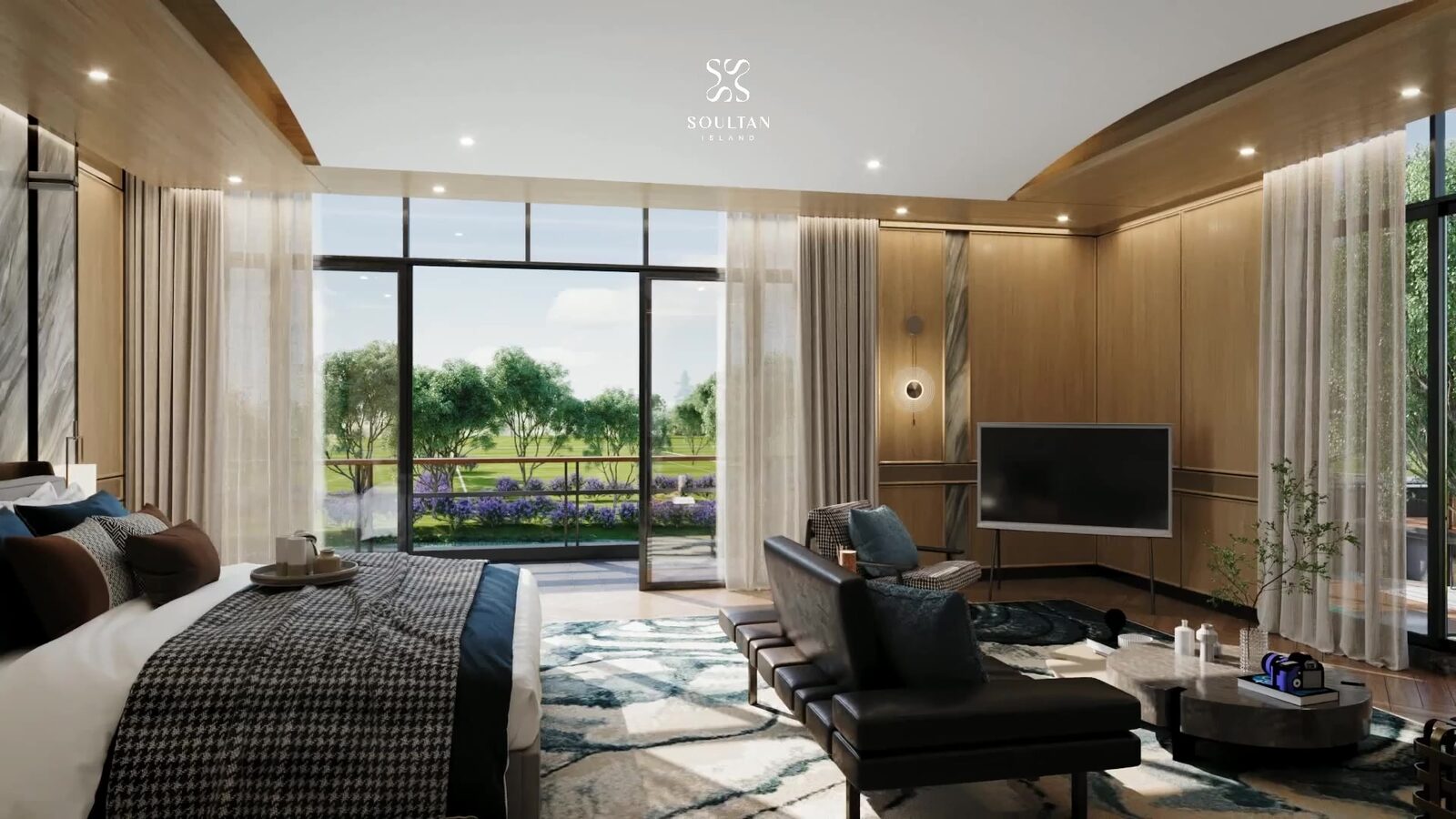 Master suite kamar tidur mewah rumah Soultan Island Bekasi 2026 interior premium view danau
